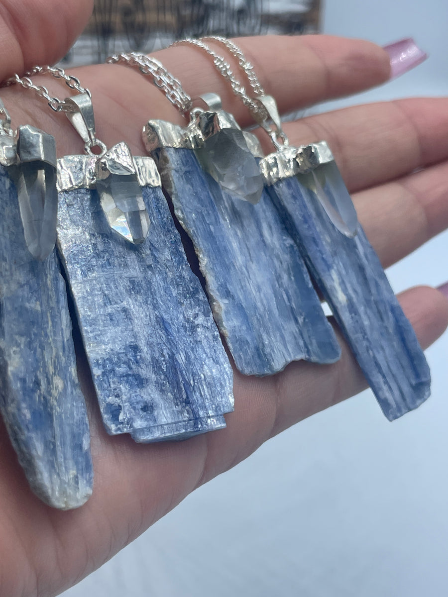 Blue kyanite and Clear Quartz silver trim pendant on stainless steel chain