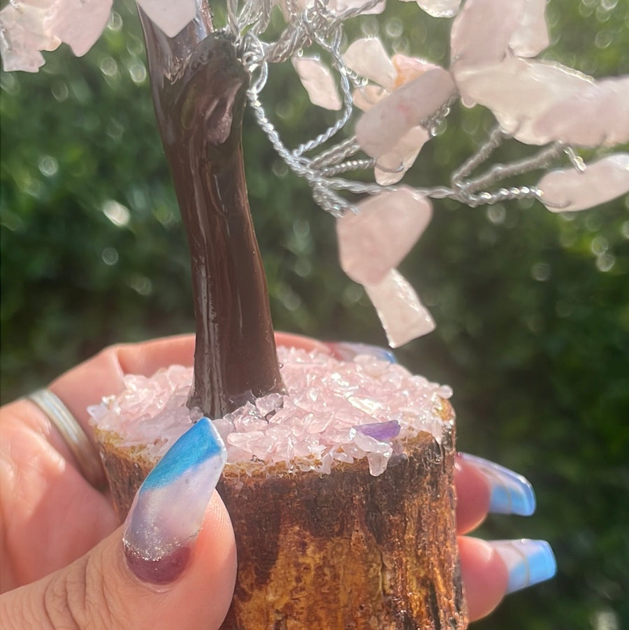 Rose Quartz Crystal stone Tree on wood Base.