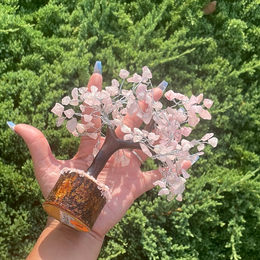 Rose Quartz Crystal stone Tree on wood Base.