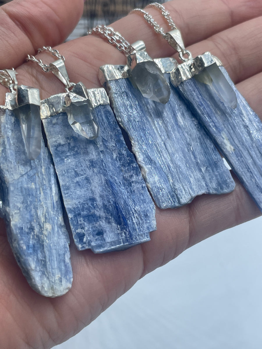 Blue kyanite and Clear Quartz silver trim pendant on stainless steel chain