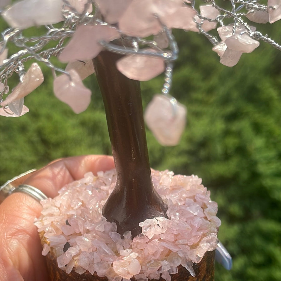 Rose Quartz Crystal stone Tree on wood Base.