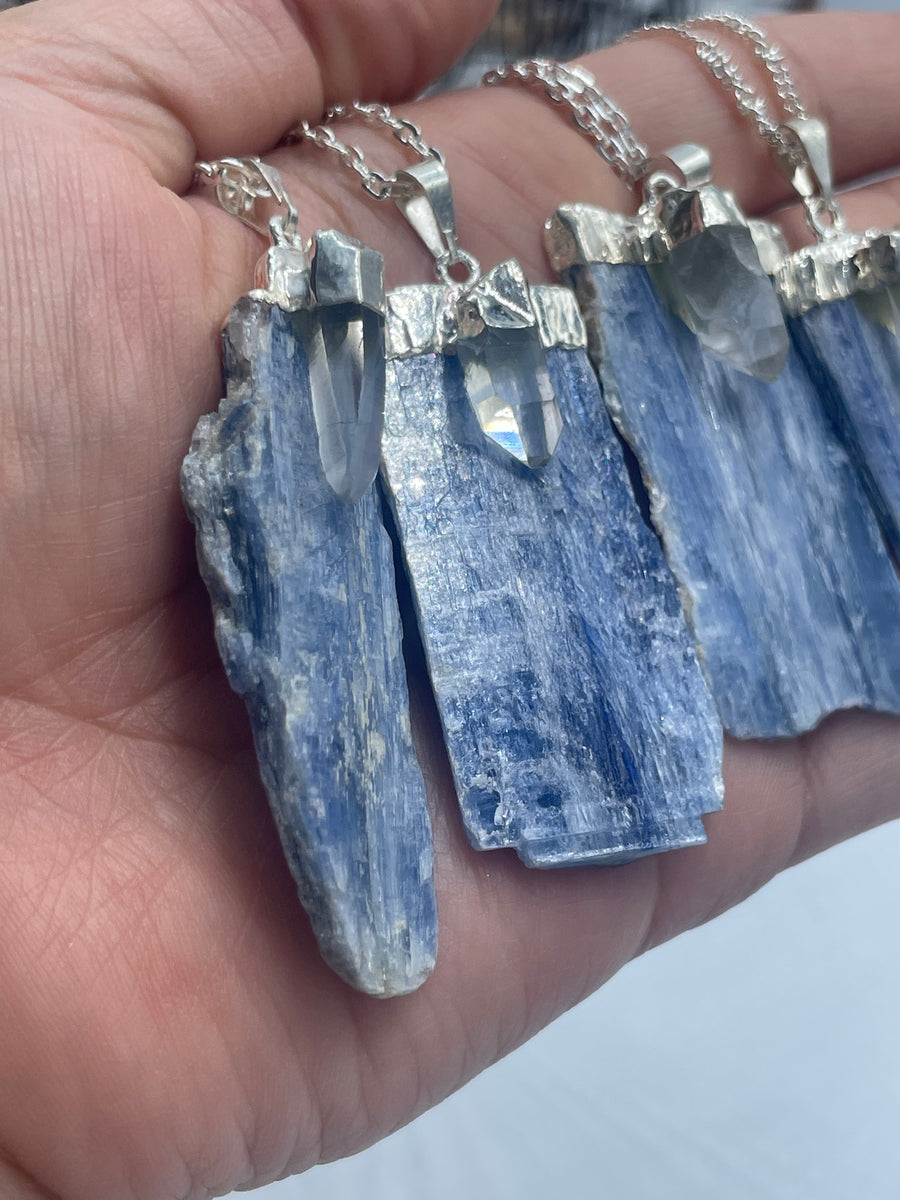 Blue kyanite and Clear Quartz silver trim pendant on stainless steel chain