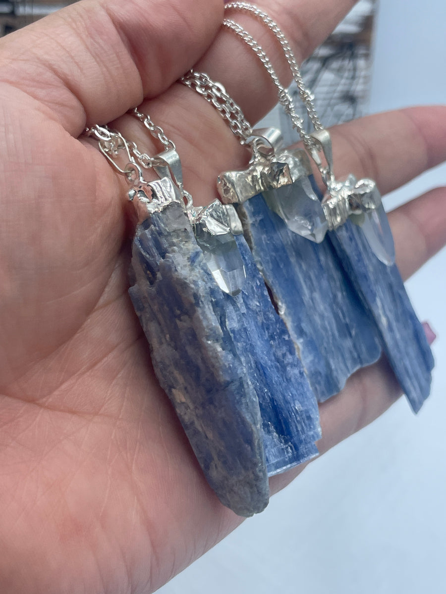 Blue kyanite and Clear Quartz silver trim pendant on stainless steel chain