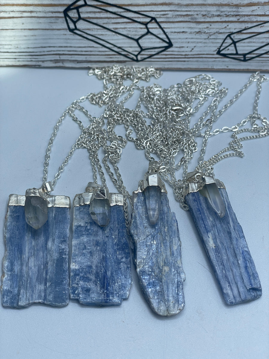 Blue kyanite and Clear Quartz silver trim pendant on stainless steel chain