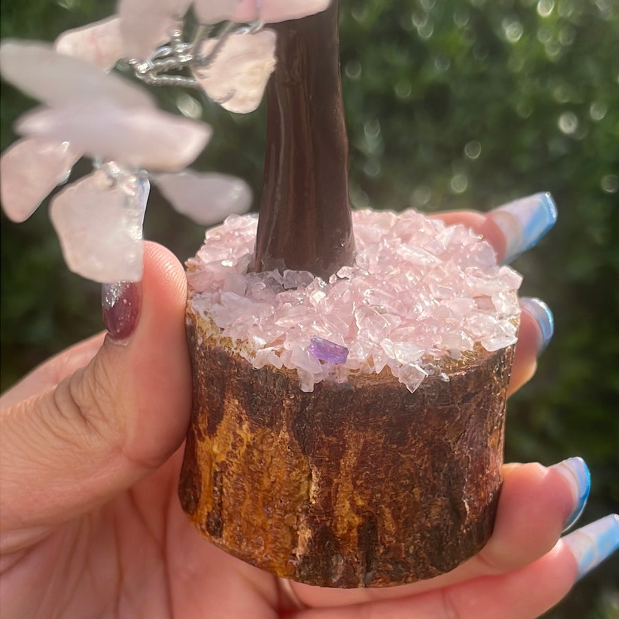 Rose Quartz Crystal stone Tree on wood Base.