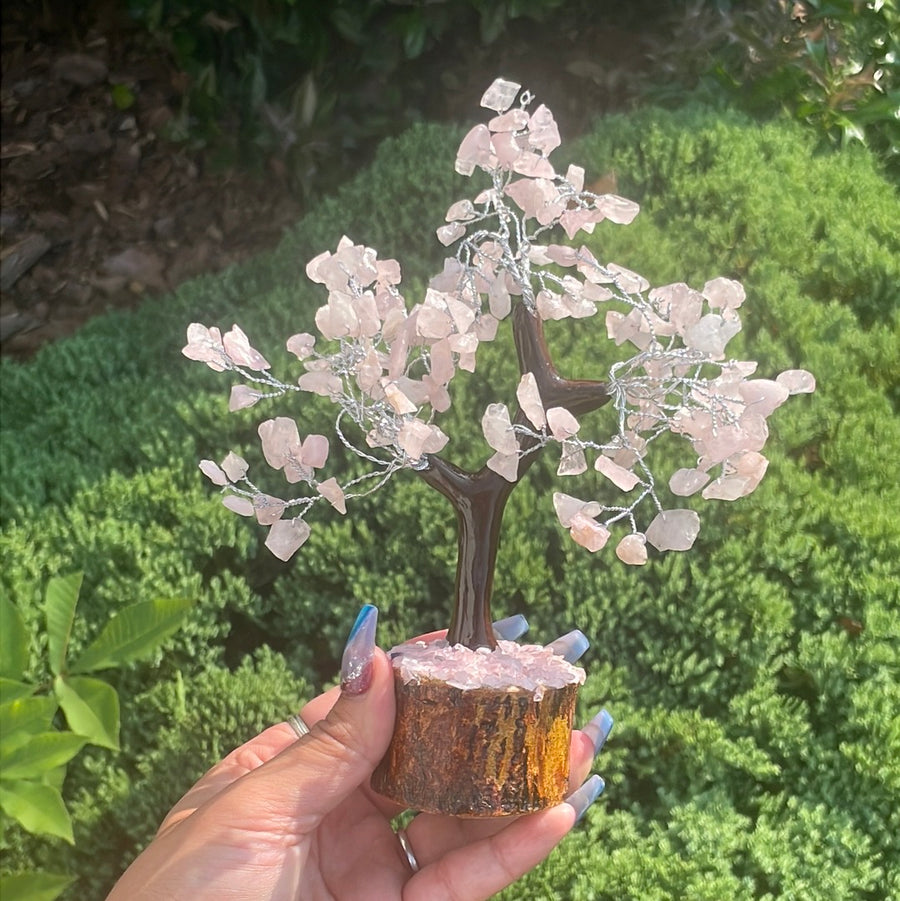 Rose Quartz Crystal stone Tree on wood Base.