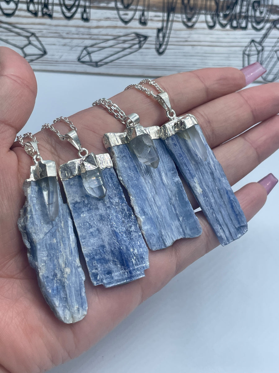 Blue kyanite and Clear Quartz silver trim pendant on stainless steel chain