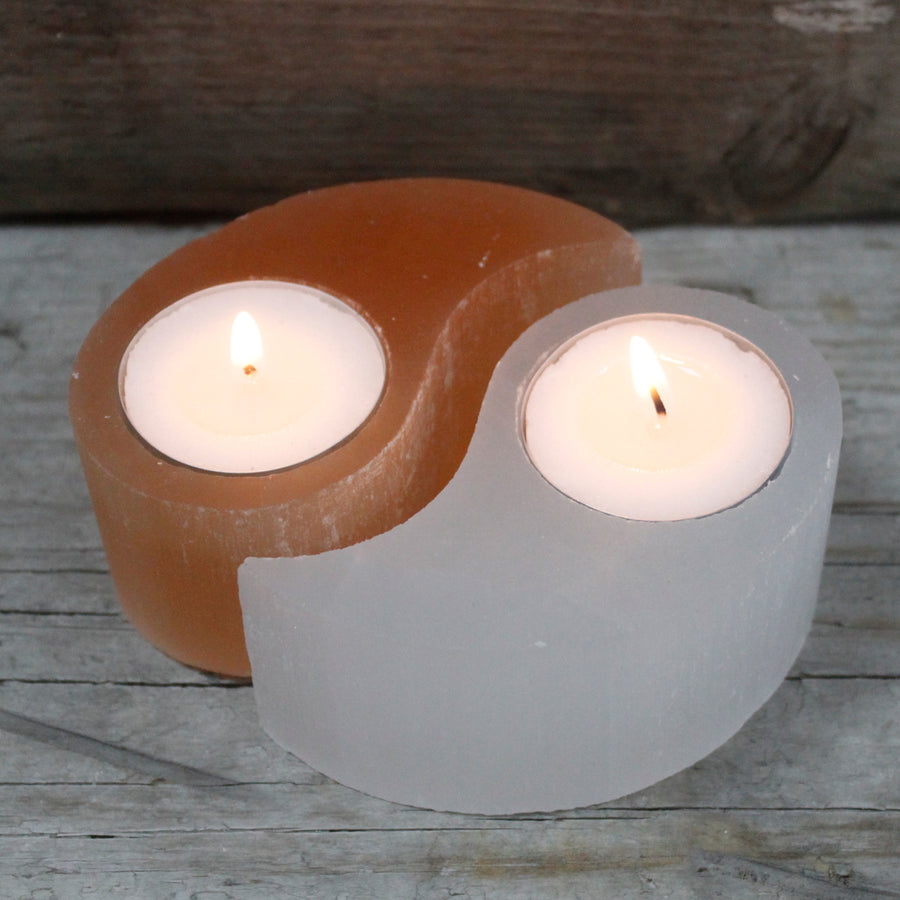 Selenite Yin Yang Candle or sphere Holder. Great for cleansing crystal jewelry